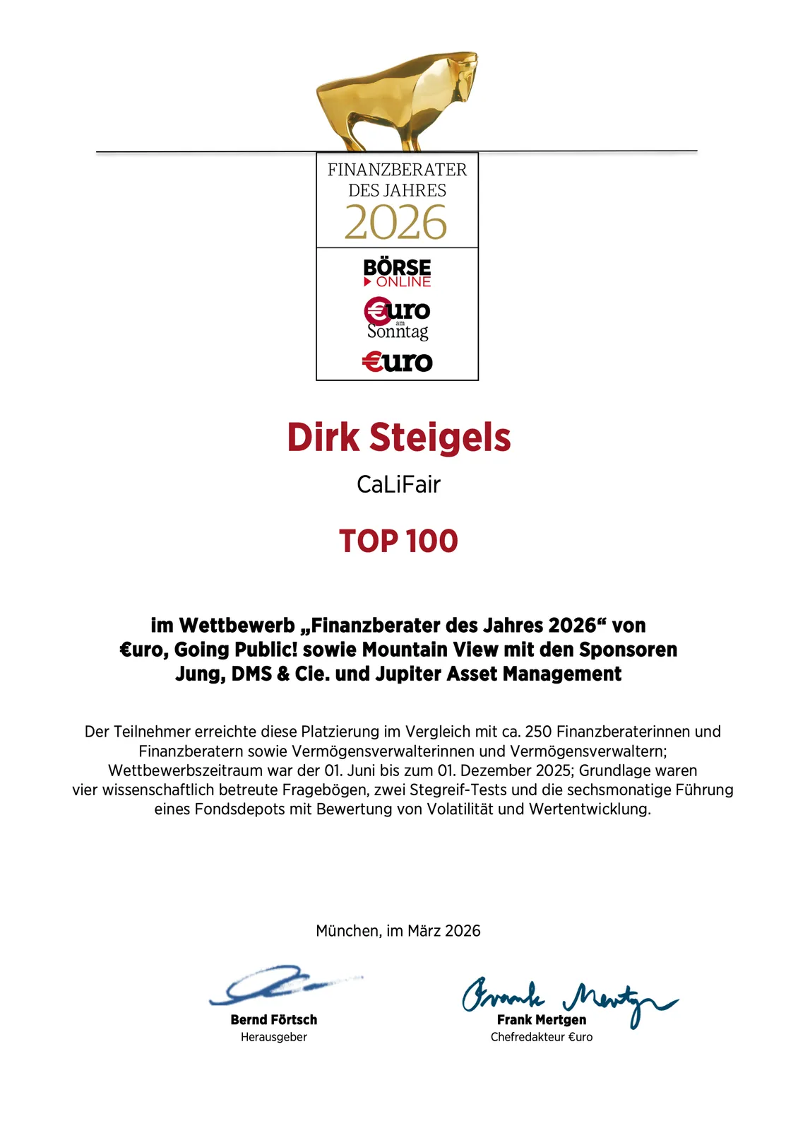 Urkunde Top 100 Finanzberater des Jahres 2026