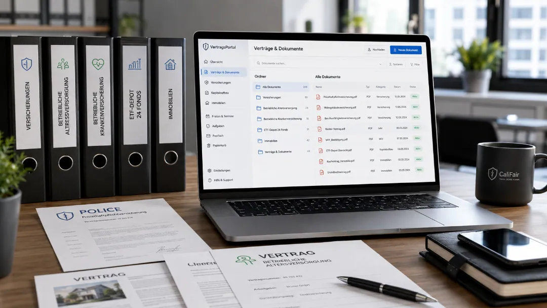 Vertragsprüfung mit Dokumenten und digitaler Übersicht